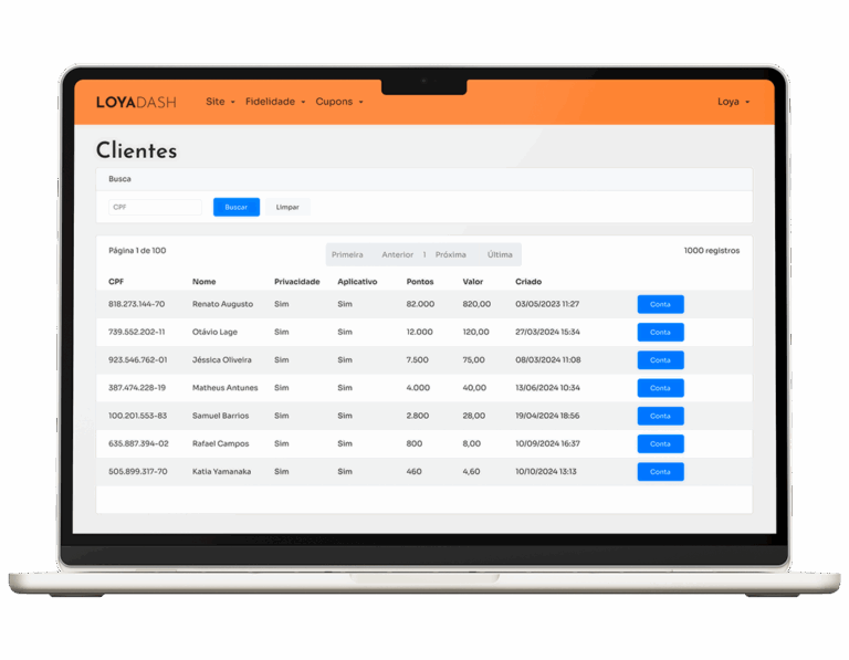 Loya Dash · painel do lojista com a lista de clientes